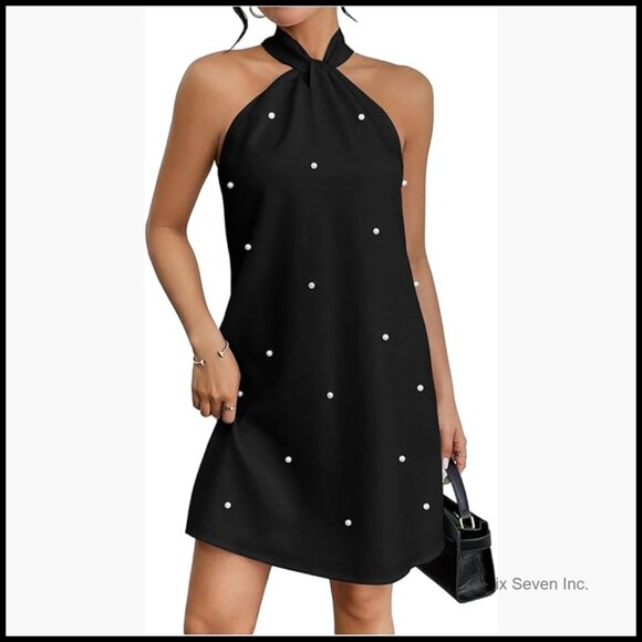 Pearl Beaded Halter Tie Back A-Line Dress Polyester Blend